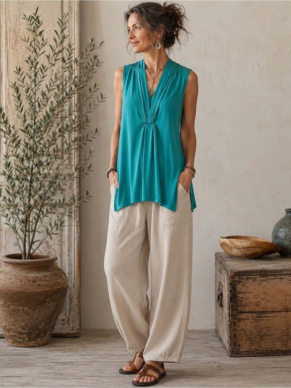 Soft Surroundings Modal Twist Neck Tunic Top S Teal Aqua Asymmetric Hem Slits